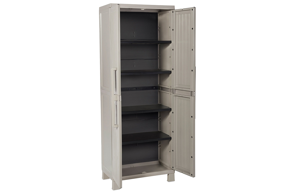 Уличный шкаф TOOMAX 2х дверный глубокий WOOD MIDI (4 полки), тёпло-серый